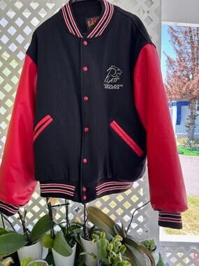 Black on Red Varsity Jacket Leather Sleeves Platt Tech 2XL Excellent Warm Up